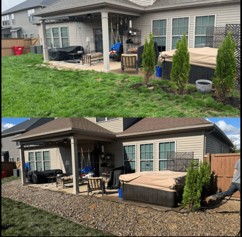 Patio Grass-to-Gravel Conversion - Before and after landscaping by Cox Landscapes in Lexington, KY