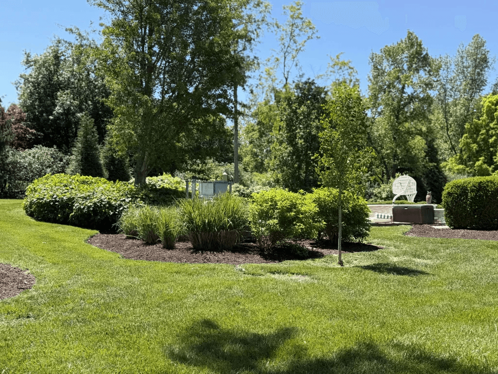 Island garden bed with ornamental grasses, mixed shrubs and fountain feature