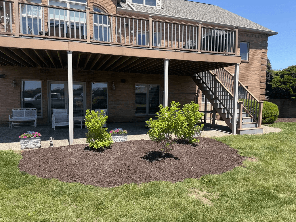 Elevated deck home with new brown mulch bed and young shrub plantings underneath patio