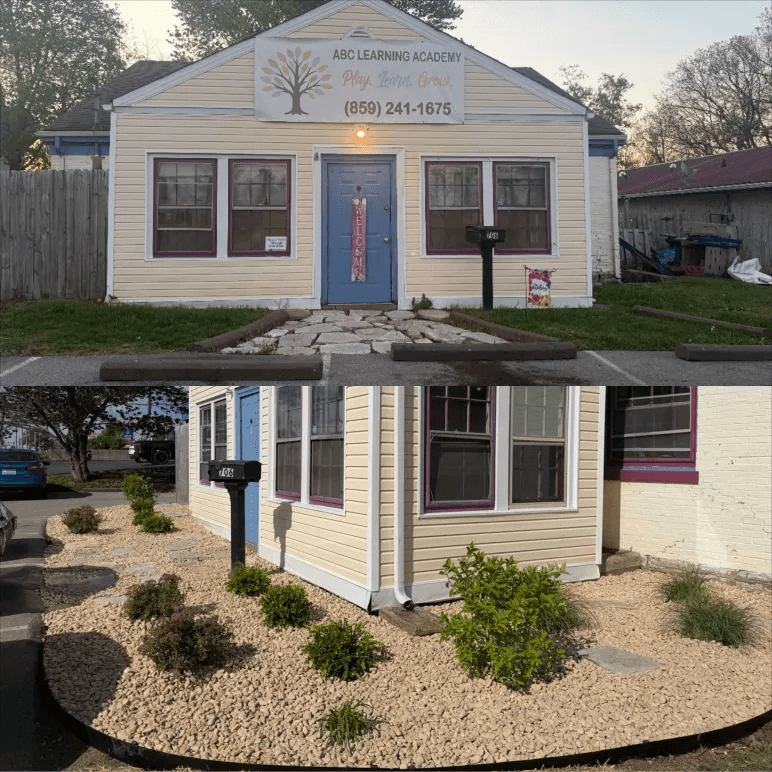 ABC Learning Academy before and after — bare ground transformed into river rock bed with shrubs
